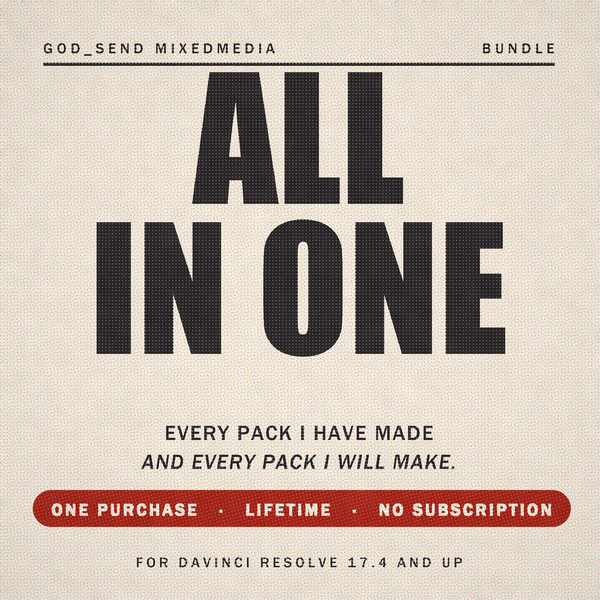 ALL IN ONE bundle for DaVinci Resolve - every pack I have made and every pack I will make. One purchase, lifetime, no subscription.