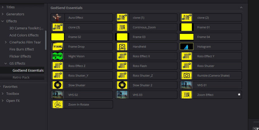 Software interface with various effects and tools on a dark background