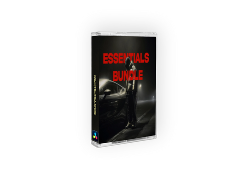 Cassette tape packaging with 'Essentials Bundle' text and a car image on a white background