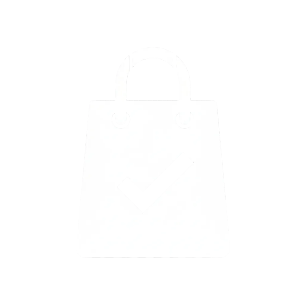 White shopping bag icon with a check mark on a transparent background