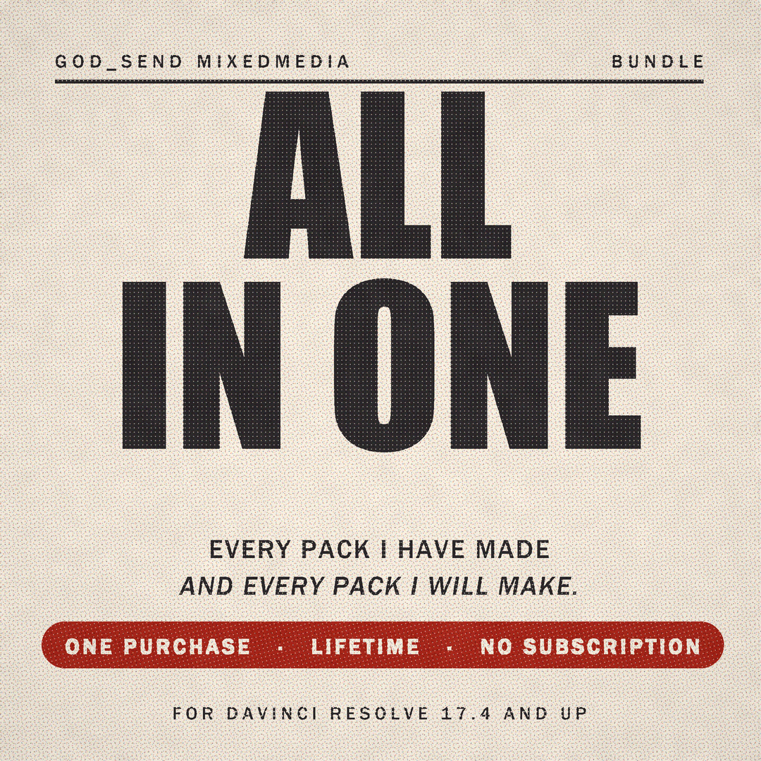 ALL IN ONE bundle for DaVinci Resolve - every pack I have made and every pack I will make. One purchase, lifetime, no subscription.
