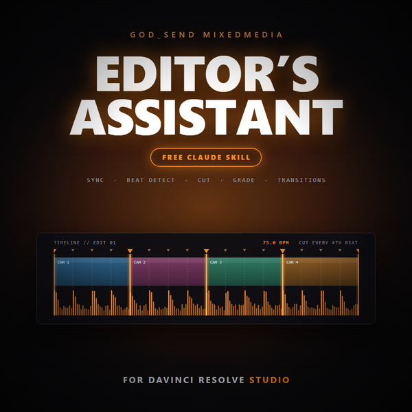 Editor's Assistant - free Claude skill for DaVinci Resolve Studio: sync, beat detection, cutting, grading and transitions