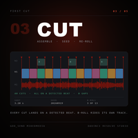 Step 3 of 5 - Cut: build the seeded assembly where every cut lands on a detected beat, with B-roll cutaways on their own track above V1