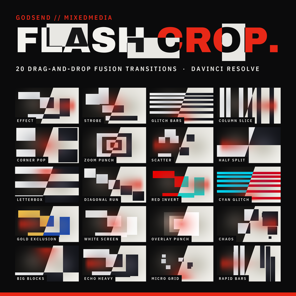 Flash Crop Transitions for DaVinci Resolve - 20 Fusion transitions product cover