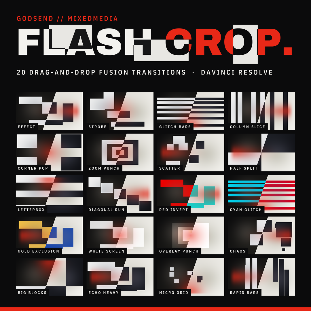 Flash Crop Transitions for DaVinci Resolve - 20 Fusion transitions product cover